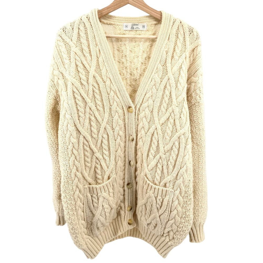Vintage 90s St Michael Cream 100% Wool Fisherman Oversized Cardigan Sweater